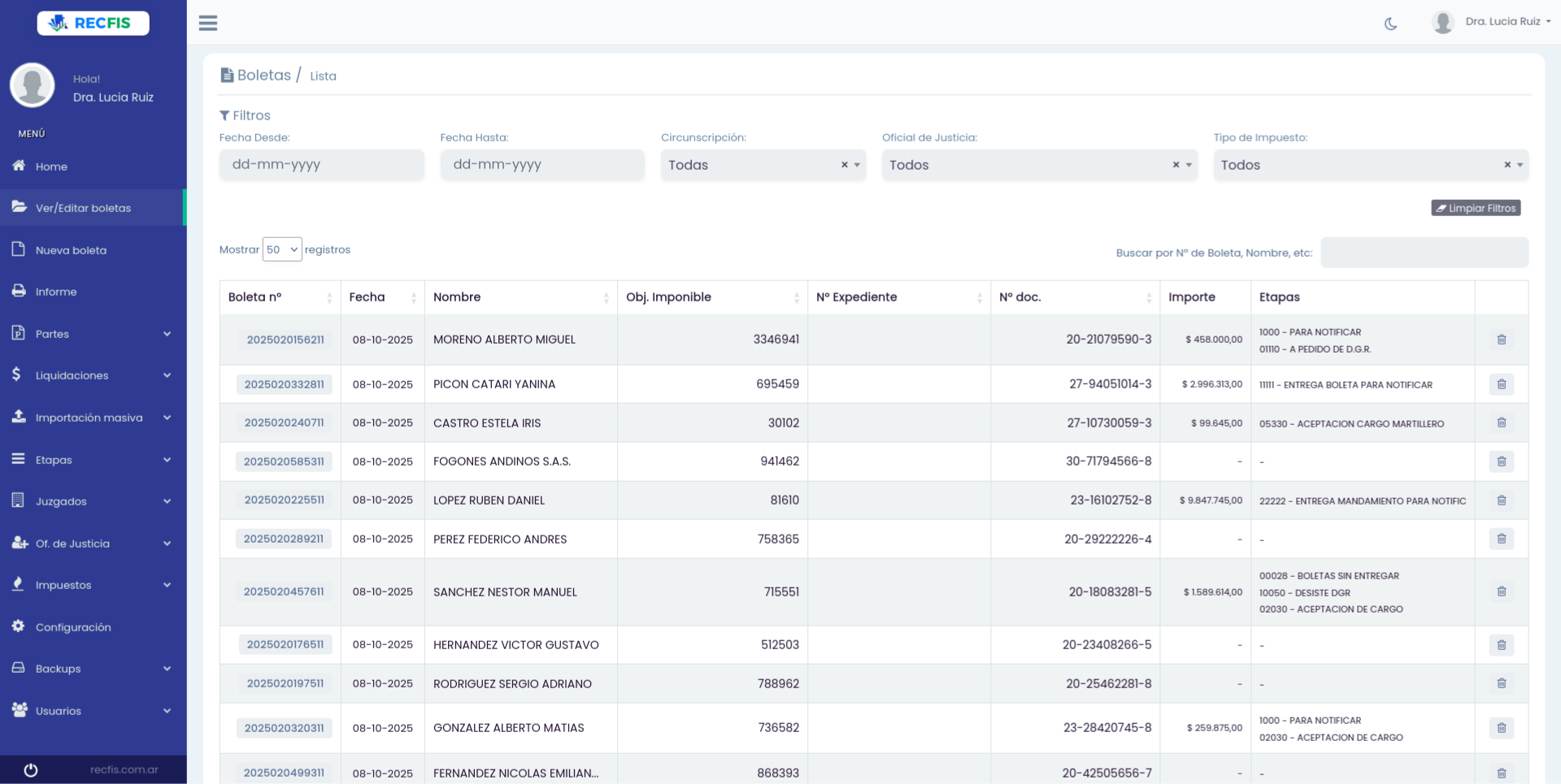 Panel de control RecFis - Sistema de gestión para recaudadores fiscales ATM Mendoza | Dashboard BackOffice con estadísticas de boletas, honorarios y partes oficiales